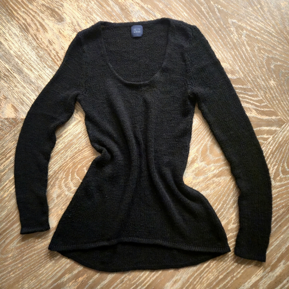 Blue Saks Fifth Avenue Black Sheer Knit Scoop Neck Long Sleeve Sweater Small